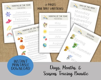 Days Months Seasons Tracing Bundle | Prewriting Practice Worksheets | Homeschool Preschool Printable | Learn to Write