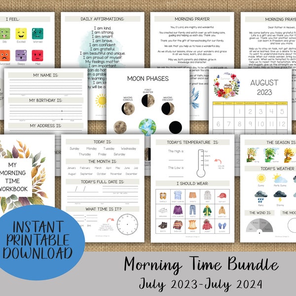 Morgenzeit-Bündel | Morgen Menü Arbeitsbuch | Homeschool Printable | Vorschulressourcen | Kreis Zeit Aktivitäten | Kalender & Wetter Seiten