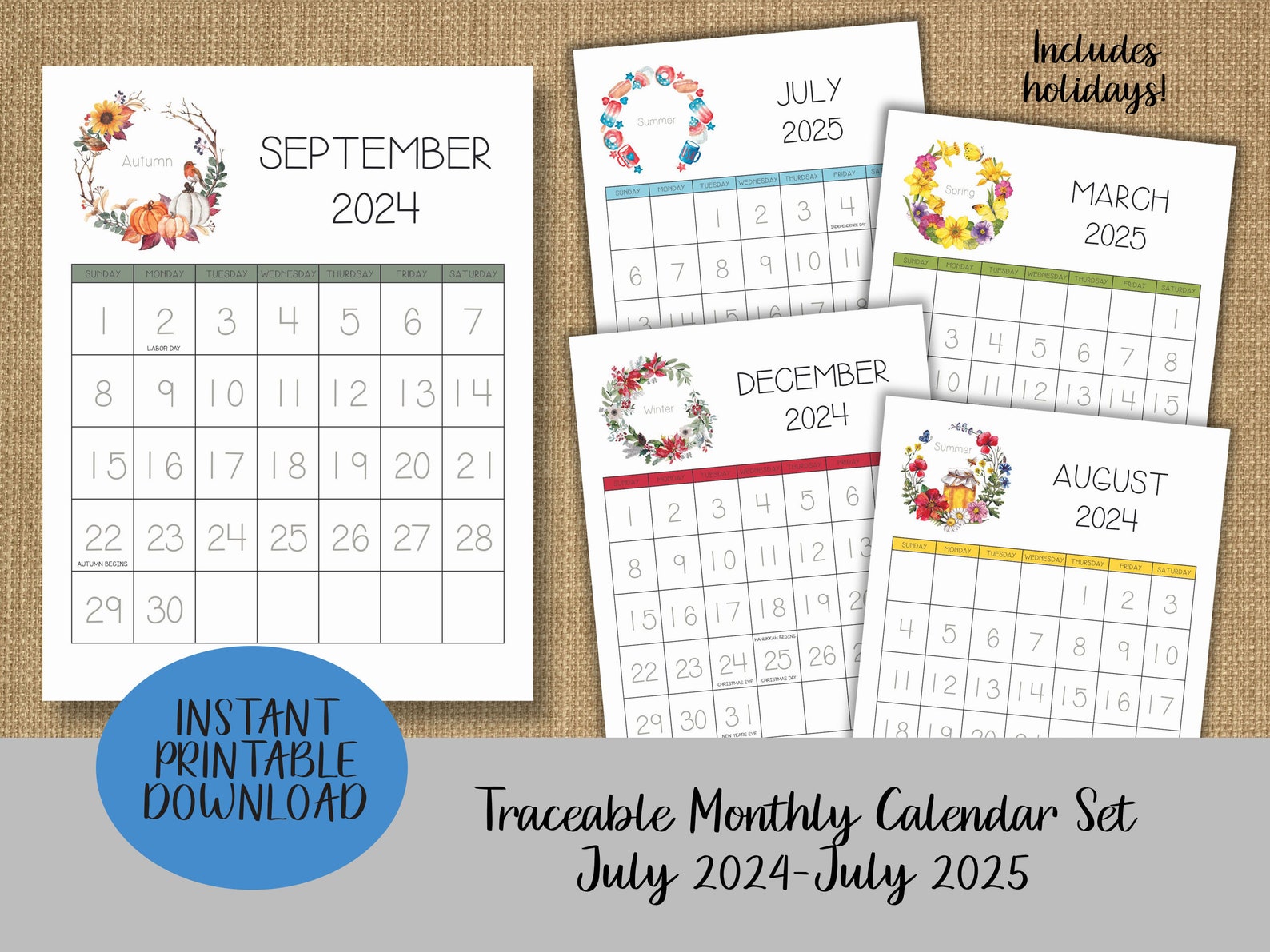 ENGLISH Traceable Monthly Calendar Set 20242025 Homeschool Classroom
