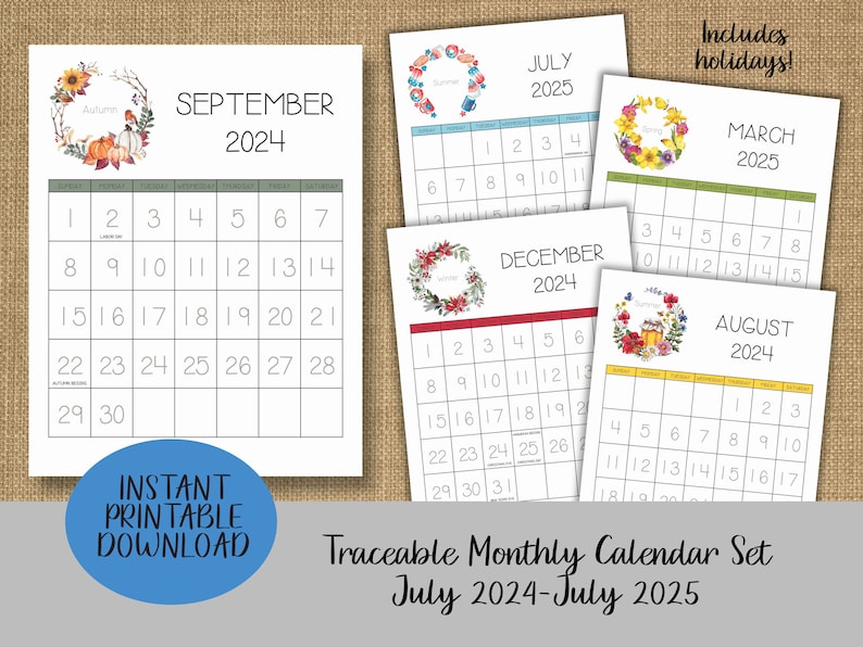 ENGLISH Traceable Monthly Calendar Set 20242025 Homeschool Classroom