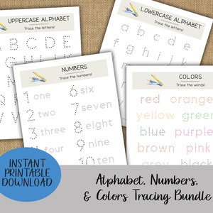 Alphabet Letters Numbers Colors Tracing Bundle | Prewriting Practice Worksheets | Homeschool Preschool Printable | Learn to Write