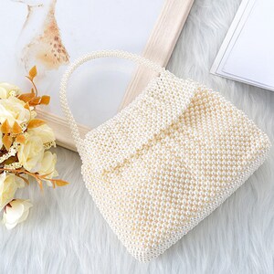 Handbag Evening bag for Women Girl,Handmade Pearl Clutch Purse Bridal Clutch Beaded Tote Bag for Party Wedding,Pearl White with inner pocket zdjęcie 2