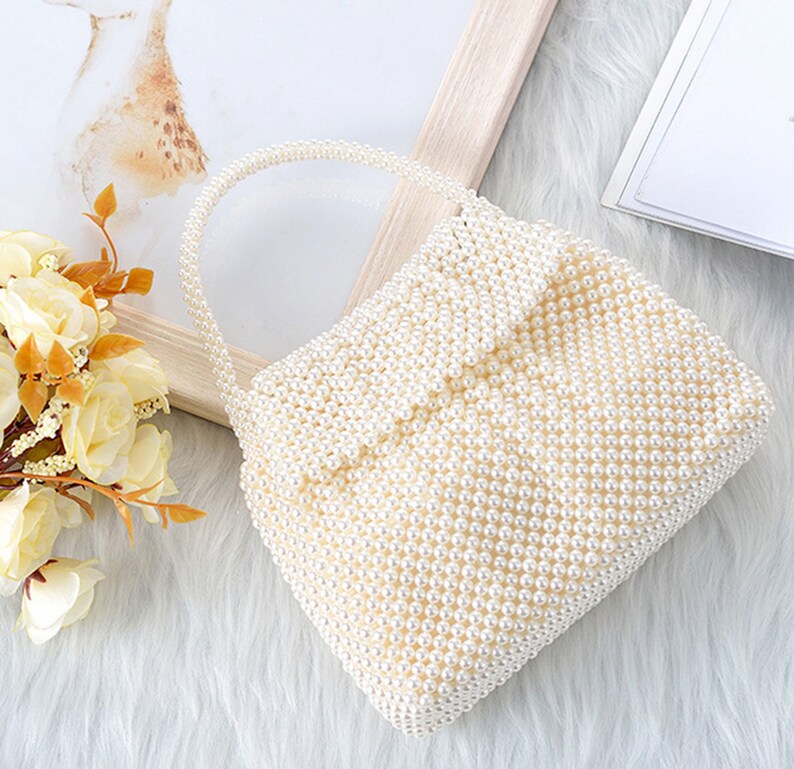 Handbag Evening bag for Women Girl,Handmade Pearl Clutch Purse Bridal Clutch Beaded Tote Bag for Party Wedding,Pearl White with inner pocket zdjęcie 2