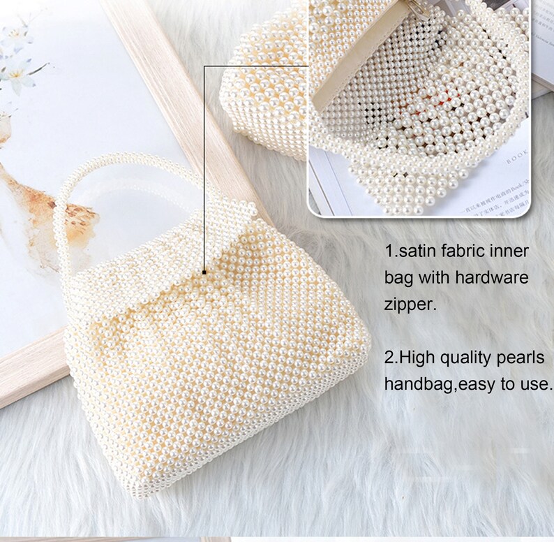 Handbag Evening bag for Women Girl,Handmade Pearl Clutch Purse Bridal Clutch Beaded Tote Bag for Party Wedding,Pearl White with inner pocket zdjęcie 3