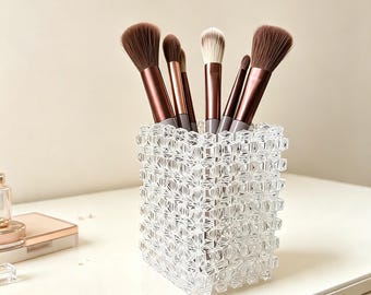 Handmade Beaded Acrylic Makeup Brush & Pen Holder Set – Sparkly Desk Organizer
