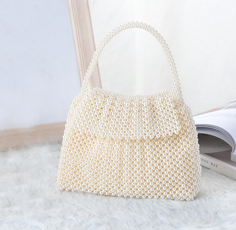 Handbag Evening bag for Women Girl,Handmade Pearl Clutch Purse Bridal Clutch Beaded Tote Bag for Party Wedding,Pearl White with inner pocket zdjęcie 1