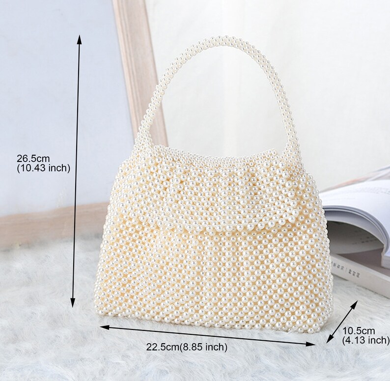 Handbag Evening bag for Women Girl,Handmade Pearl Clutch Purse Bridal Clutch Beaded Tote Bag for Party Wedding,Pearl White with inner pocket zdjęcie 5