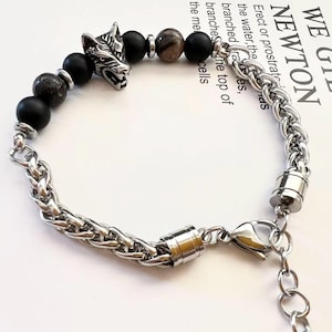 Personlized &quot;BLACK VELVET WOLF&quot; Bracelet|  Wolf Head Steel Bracelet| Men&#39;s Silver Stainless Steel Wolf Bead Bracelet| Cuban Link Chain