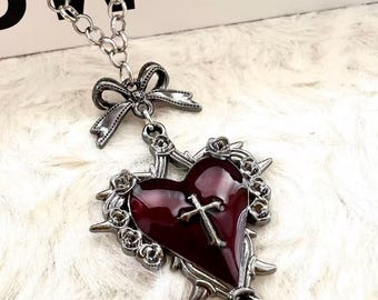 Gothic Dark Red Heart Pendant Necklace: Stainless Steel Bow Cross