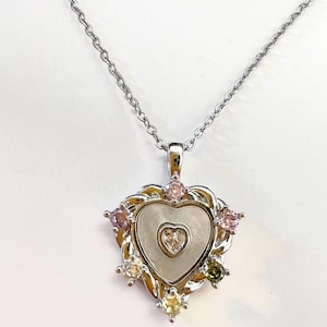 Multi Colored Diamond Heart Silver Chain Necklace| Heart Pave Diamond Charm| Diamond Heart Shape Necklace Gift For Girls