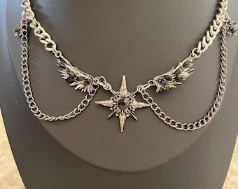 Gargantilla gótica con estrella alada: colgante de gema negra, collar grunge Y2K