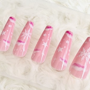 Christmas Pink Snow Princess Press On Nails| Luxury False Nails| Waterproof Removable Nail | Nail Patches | Fake Nails