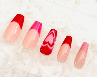 Unhas postiças Red Love Heart: conjunto de luxo para unhas postiças