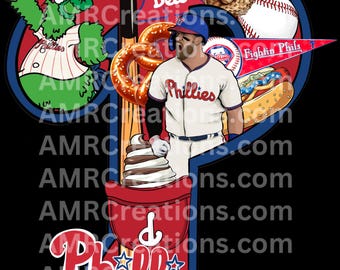 May include: A graphic design featuring the Philadelphia Phillies baseball team logo and related imagery. Includes a baseball player, the Phillie Phanatic mascot, a baseball, a hot dog, a pretzel, and the words "Ring the Bell" and "Fightin' Phils". The design is set against a black background.