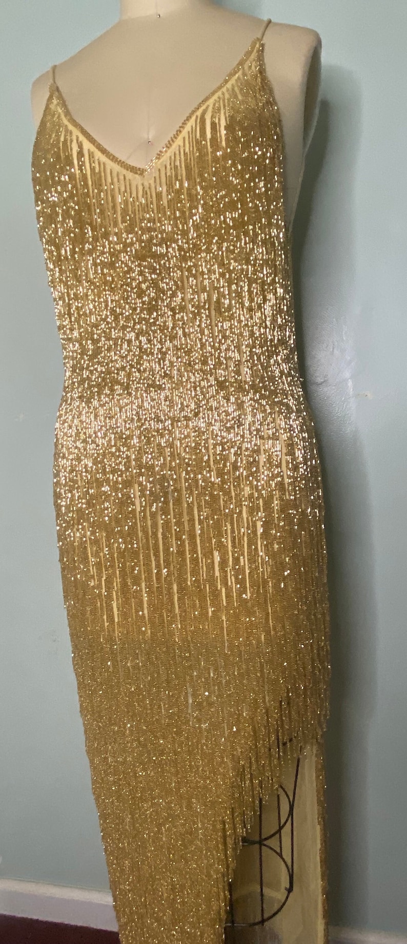 Hand Made Beaded Fringe Dress / Beaded Tassel Dress / Glitter Silver Dress /metallic Tassel