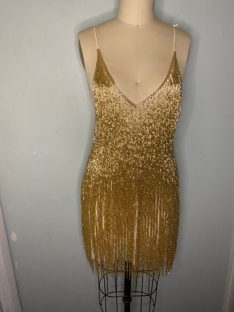 Hand Made Gold Beaded Tassel Dress/ Fringe Tassel Beaded Etsy