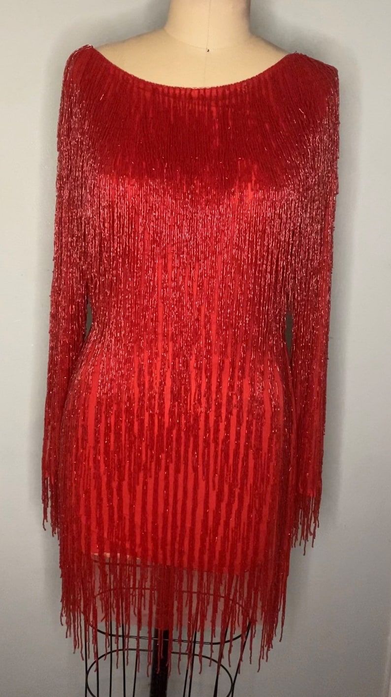 Hand Beaded Tassel Fringe Dress / Red Beaded Tassel Dress/ Tassel Gown