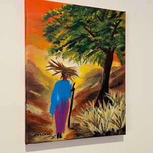 Original African Scenery Acrylycs Painting on 8x10 Canvas, Local Woman Carrying Wood, Rectangular Wall Art, One of a Kind Decor, Colorful