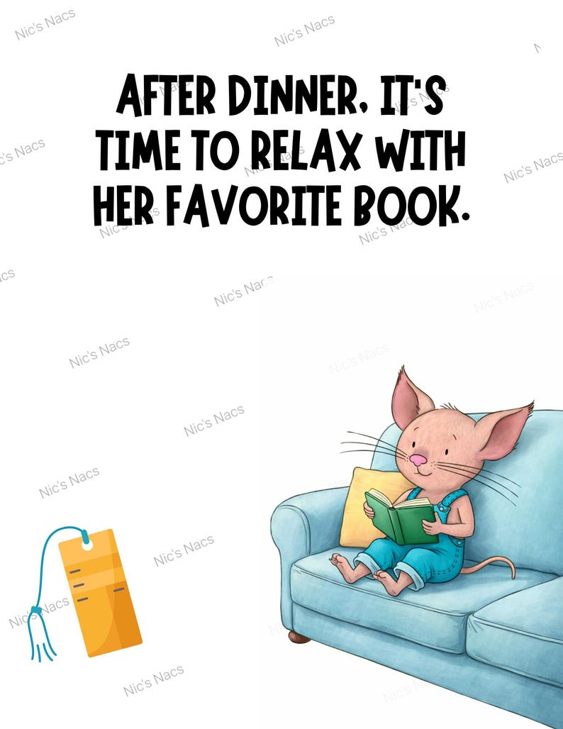May include: A cartoon mouse reads a green book on a light blue sofa in this illustration. The mouse is wearing blue dungarees. Text above reads: "AFTER DINNER. IT'S TIME TO RELAX WITH HER FAVORITE BOOK."