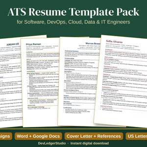 ATS Resume Template Pack, Software Engineer CV, Word & Google Docs, DevOps Cloud Data IT Tech Job, Cover Letter, References, Writing Guide