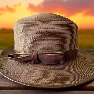 Vintage boater straw hat, Wide brim sun hat, Retro summer hat, 1960s women derby hat, Brown flat crown hat, Garden party fashion