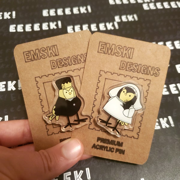 Featherly Friends Frankenstein and Bride Birds Acrylic Pins