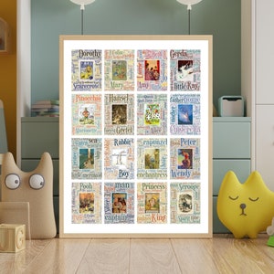 Children&#39;s Books Word Cloud Gallery, Children&#39;s Literature Illustrations & Book Covers Poster, Kid&#39;s Book Nook Wall Art, Unique Nursery Art