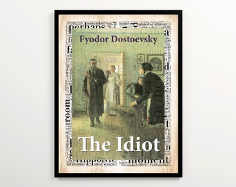 Okładka książki „Idiot” i chmura słów, zestaw 2 wydruków, plakat Fiodora Dostojewskiego, rosyjska literatura do druku, sztuka ścienna do kącika czytelniczego