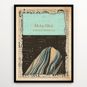 May include: A vintage book cover design for Moby-Dick by Herman Melville. The cover features a stylized illustration of a whale against a dark blue background with white stars. The title and author's name are printed in gold lettering.