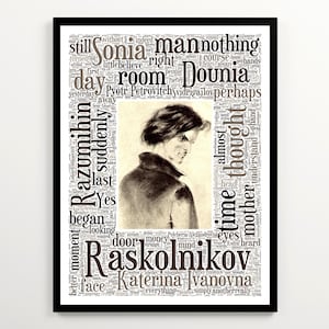 Fyodor Dostoevsky&#39;s Crime and Punishment Word Cloud, Literary Art Print, Raskolnikov Poster, Digital Download Literary Gift, Book Nook Gift
