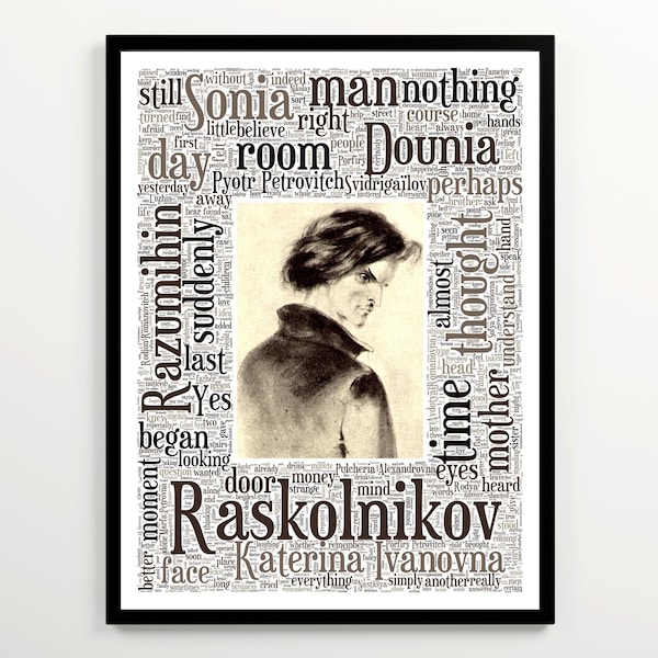 Fyodor Dostoevsky's Crime and Punishment Word Cloud, Literary Art Print, Raskolnikov Poster, Digital Download Literary Gift, Book Nook Gift