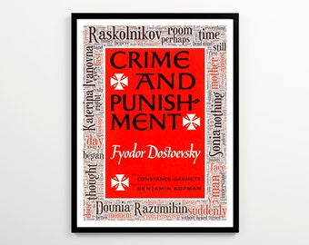 Dostojevski's misdaad en straf cover art met 2K meest voorkomende woorden, Engels klaslokaal decor, cadeau voor boekliefhebber, reading nook wall art