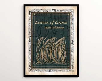 Portada del libro "Hojas de hierba" de Walt Whitman con 2000 palabras, set de 2 impresiones, poesía mural, arte literario imprimible