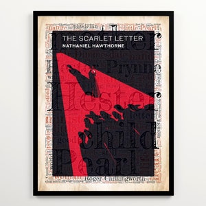 Portada del libro "La letra escarlata" de Nathaniel Hawthorne sobre una nube de palabras vintage, arte mural para el aula de inglés, póster de novela histórica, decoración de rincón de lectura