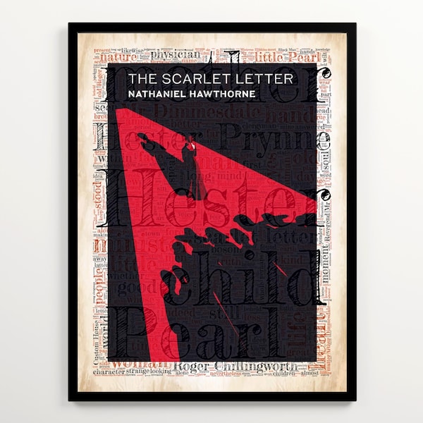 Nathaniel Hawthorne Scarlet Letter Book Cover on Vintage Word Cloud, English Classroom Wall Art, Historical Novel Poster, Book Nook Decor