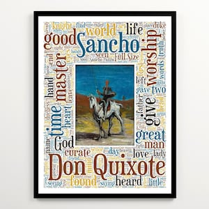 Don Quixote Word Cloud Art, Miguel de Cervantes Poster, Library Wall Art, Adventure Fiction Literary Gift, Christmas Gift for Book Lover