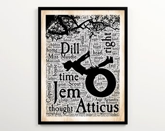 Harper Lee To Kill a Mockingbird Vintage Word Cloud with 2000 Words of the Book, English Classroom Wall Art, Minimalist Literary Print