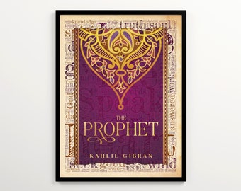 Kahlil Gibran&#39;s The Prophet Book Cover on a Word Cloud, Vintage Book Cover Art, Poetry Book Nook, Literary Gift for Poet, Library Wall Decor