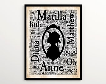 Anne von Grün Gables Vintage Wortwolke mit 2000 Worten des Buches, L. M. Montgomery Poster, Literarische Wandkunst druckbar, Buchliebhaber Geschenk
