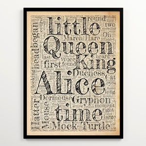 Lewis Carroll&#39;s Alice in Wonderland Word Cloud, 2000 Most Frequent Words of Alice in Wonderland, Vintage Word Art, Printable Literary Art