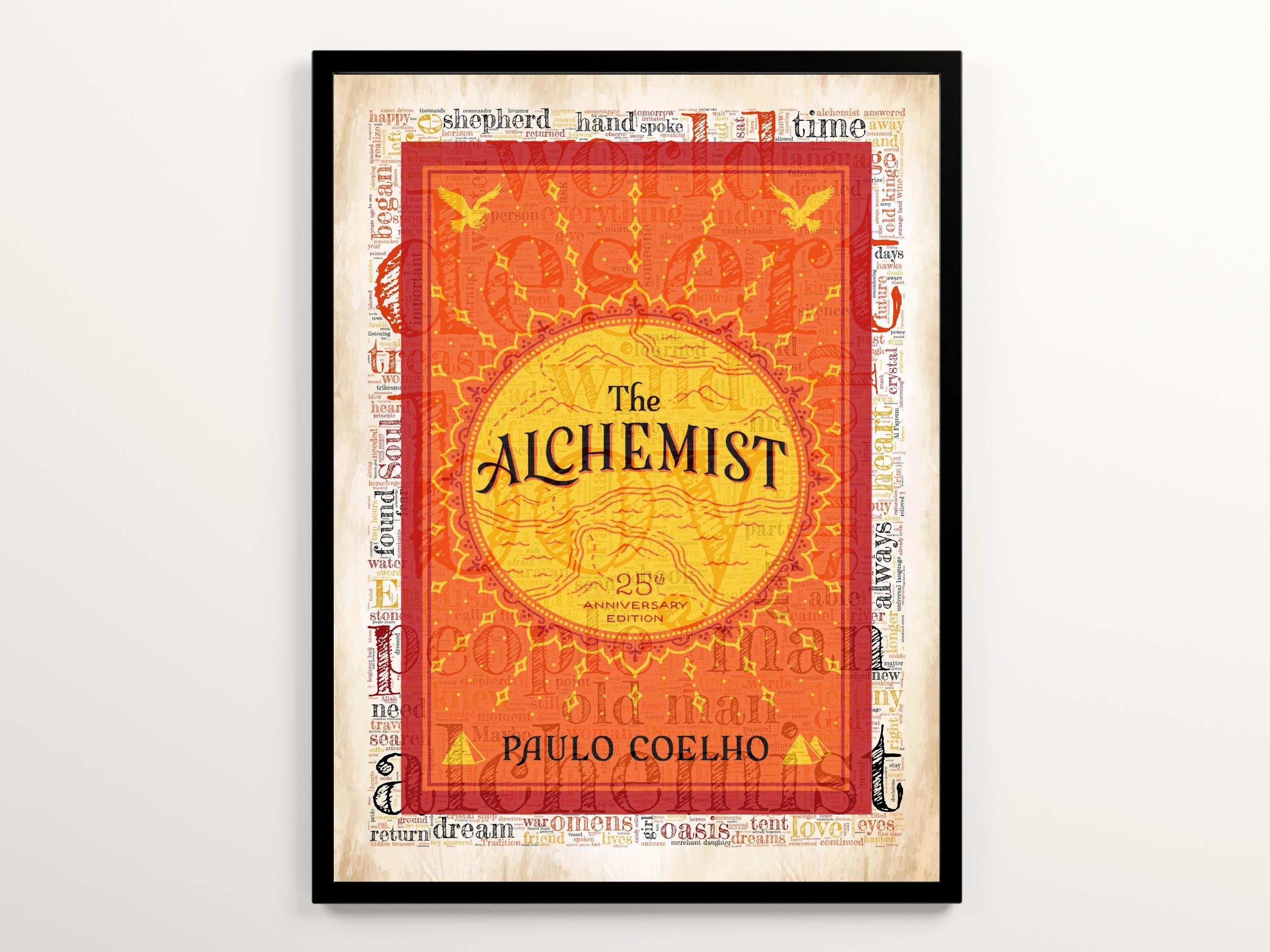 The Alchemist Book Cover Art with 2000 Words of the Book, Set of 2 Prints, Paulo Coelho Poster, Fantasy Wall Art Print, Unique Bookish Gift