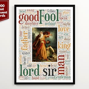 Cartel literario del Rey Lear de Shakespeare con 2000 palabras más frecuentes del libro, impresión de arte literario, arte mural en el aula inglesa