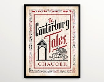 The Canterbury Tales Book Cover and Word Cloud Art, Geoffrey Chaucer Poster, Bookish Gift for English Major, Library Wall Art Printable