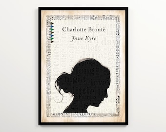 Charlotte Brontë Jane Eyre Book Cover Art with 2000 Words of the Book, Set of 2 Prints, English Classroom Wall Art, Printable Book Decor