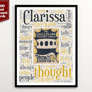 Virginia Woolf&#39;s Mrs Dalloway Literary Word Cloud, English Literature Gift, Classroom Wall Art, Library Wall Decor, Printable Book Cover Art