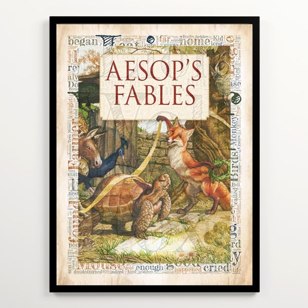 Aesop's Fables Set of 2 Prints: Book Cover + Word Cloud Art, Children's Literature Poster, Nursery Wall Decor, Printable Kid's Book Nook Art