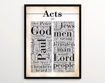 Acts Schriftkunst mit 2000 Worten des Buches, Bibel Wandkunst zum Ausdrucken, Kirchenwand Dekor, christliche Wohnkultur, Geschenk für Pastor