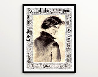 Crime and Punishment Word Cloud, Raskolnikov Illustration Poster, Fyodor Dostoevsky Fan Gift, Book Nook Decor, Russian Literature Printable