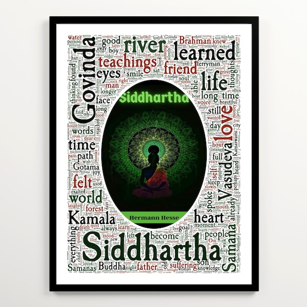 Nuage de mots Siddhartha de Hermann Hesse, couverture du livre Siddhartha, impression de fiction philosophique, affiche de livre spirituel, art mural de Bouddha imprimable