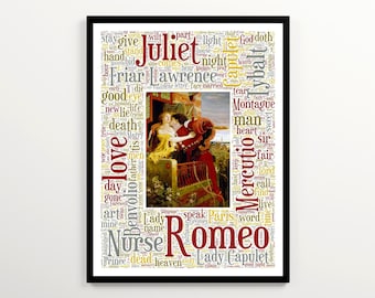 Arte literario de Romeo y Julieta de Shakespeare (2000 palabras más frecuentes), regalo único para amantes de la lectura, regalo para fanáticos de Shakespeare, arte para el rincón de lectura